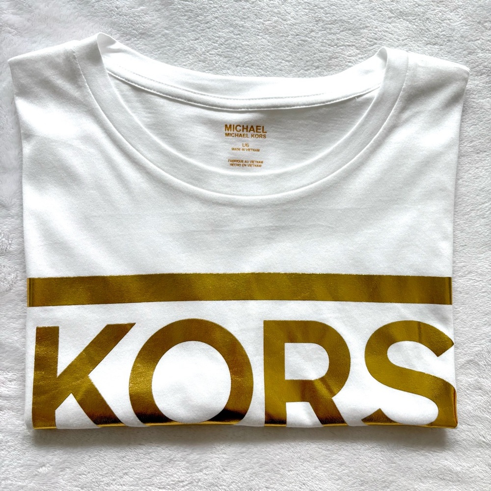 MICHAEL KORS White Cropped Short Sleeve T-Shirt with Metallic Gold Logo--L - Picture 11 of 13